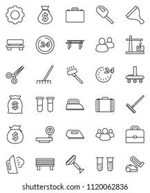 thin line vector icon set - scraper vector, vacuum cleaner, rake, steaming, case, money bag, horizontal bar, big scales, group, vial, scissors, gear, bench, construction crane, 24 hour, iron