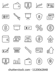 thin line vector icon set - presentation vector, dollar coin, graph, laptop, credit card, wallet, crisis, growth, check, board, medal, shield, monitor, percent, receipt