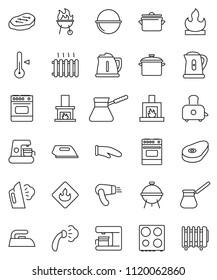 thin line vector icon set - iron vector, steaming, pan, camping cauldron, kettle, cook glove, turk coffee, toaster, oven, thermometer, bbq, steak, flammable, fireplace, heating, maker, hair dryer