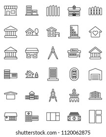 thin line vector icon set - university vector, school building, drawing compass, bank, stadium, dry cargo, hospital, cottage, chalet, barn, fence, apartments, office, love home, store, mall, window