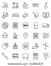 thin line vector icon set - spatula vector, oven, bbq, student, microscope, clipboard, document, constellation, exchange, investment, bank building, monitor dollar, pool, gymnast rings, video camera
