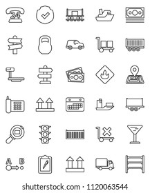 thin line vector icon set - signpost vector, navigator, Railway carriage, money, traffic light, phone, 24, ship, truck trailer, sea container, delivery, car, calendar, clipboard, glass, cargo, route