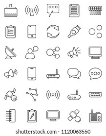 thin line vector icon set - clipboard vector, satellite, antenna, loudspeaker, mobile phone, dialog, speaking man, hdmi, network, hub, router, lan connector, share, message, refresh, wireless, radio