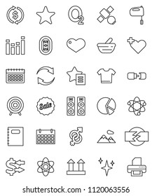 thin line vector icon set - shining vector, mixer, copybook, atom, exchange, pie graph, target, calendar, oxygen, stadium, satellite, top sign, equalizer, favorites, heart, cross, gender, mortar