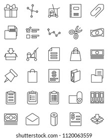 thin line vector icon set - cleaner trolley vector, toilet paper, copybook, clipboard, pin, document, constellation, exam, cash, annual report, binder, fitness mat, money, mail, attachment, estate