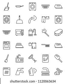 thin line vector icon set - scraper vector, broom, water tap, vacuum cleaner, fetlock, scoop, sponge, iron, steaming, drying clothes, washer, sink, pan, colander, microwave oven, dishwasher