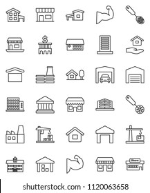 thin line vector icon set - house hold vector, skimmer, university, bank, building, muscule hand, office, dry cargo, warehouse, hospital, cottage, chalet, garage, barn, apartments, factory, store