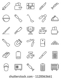 thin line vector icon set - camping cauldron vector, spatula, ladle, knife, grater, toaster, dish, pen, award cup, magnet, gold ingot, safe, hand trainer, consolidated cargo, battery, scalpel