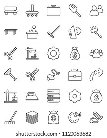 thin line vector icon set - scraper vector, vacuum cleaner, rake, steaming, student, case, money bag, horizontal bar, group, scissors, big data, gear, bench, construction crane, 24 hour, iron