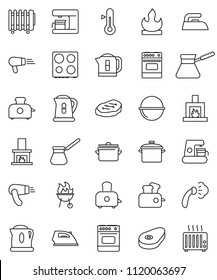 thin line vector icon set - iron vector, steaming, pan, camping cauldron, kettle, turk coffee, toaster, oven, thermometer, bbq, steak, flammable, fireplace, maker, hair dryer, heater