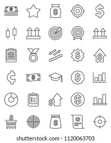 thin line vector icon set - graduate hat vector, clipboard, certificate, graph, pie, japanese candle, dollar growth, bank building, target, medal, cent sign, stairways run, top, favorites, coin