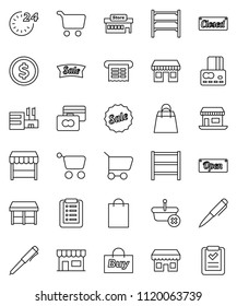 thin line vector icon set - pen vector, dollar coin, cart, credit card, office, shelving, sale, open, closed, 24 hour, shopping bag, market, store, mall, buy, receipt, basket, list
