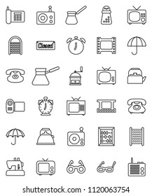 thin line vector icon set - washboard vector, kettle, hand mill, turk coffee, glasses, alarm clock, abacus, phone, umbrella, film frame, radio, tv, classic, closed, video camera, sewing machine