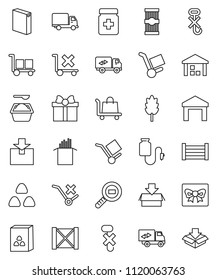 thin line vector icon set - washing powder vector, cereal, pasta, delivery, wood box, cargo, no trolley, hook, warehouse, package, search, pills bottle, drop counter, relocation truck, gift