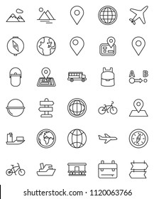 thin line vector icon set - camping cauldron vector, backpack, compass, school bus, world, bike, signpost, navigator, earth, map pin, plane, ship, route, Railway carriage, globe, mountain