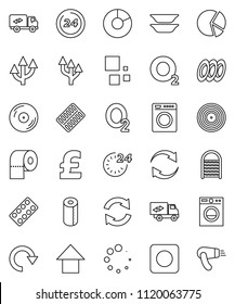 thin line vector icon set - washboard vector, toilet paper, plates, pie graph, arrow up, pound, oxygen, disk, rec button, pills blister, refresh, redo, loading, route, relocation truck, 24 hour