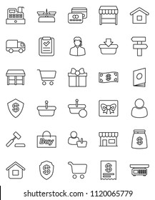 thin line vector icon set - cart vector, gift, credit card, cash, money bag, market, store, customer, support, buy, cashbox, receipt, basket, home, shopping list, auction, delivery, catalog, scales