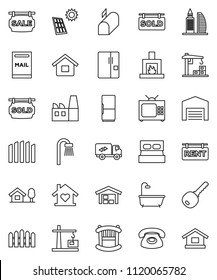 thin line vector icon set - house vector, chalet, mailbox, solar panel, barn, fence, sale signboard, rent, sold, office building, key, crib, bath, relocation truck, love home, fireplace, fridge, tv