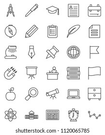 thin line vector icon set - book vector, graduate hat, pen, pencil, school building, drawing compass, student, backpack, apple fruit, atom, telescope, table lamp, notebook pc, alarm clock, schedule