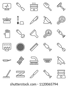 thin line vector icon set - scraper vector, fetlock, rake, toilet brush, rubber glove, pan, colander, whisk, spatula, ladle, rolling pin, blender, sieve, ruler, pen, measuring, crutches, scalpel