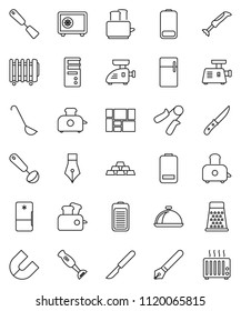 thin line vector icon set - spatula vector, ladle, knife, grater, toaster, blender, dish, pen, magnet, safe, gold ingot, hand trainer, consolidated cargo, battery, scalpel, fridge, meat grinder