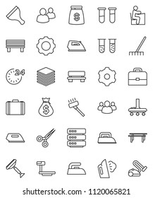 thin line vector icon set - scraper vector, vacuum cleaner, rake, iron, steaming, student, case, money bag, horizontal bar, big scales, group, vial, scissors, data, gear, bench, 24 hour