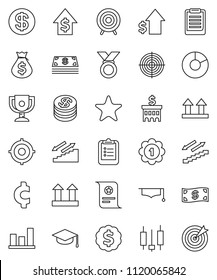 thin line vector icon set - graduate hat vector, clipboard, award cup, certificate, graph, pie, japanese candle, money bag, dollar growth, bank building, target, medal, cent sign, stairways run, top