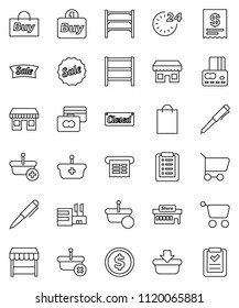 thin line vector icon set - pen vector, dollar coin, credit card, office, shelving, sale, closed, 24 hour, shopping bag, market, store, mall, buy, receipt, basket, cart, list