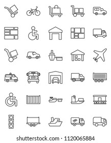 thin line vector icon set - school bus vector, bike, plane, traffic light, ship, truck trailer, sea container, delivery, car, port, consolidated cargo, warehouse, Railway carriage, disabled, garage