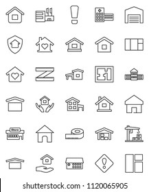 thin line vector icon set - house hold vector, school building, measuring, dry cargo, hospital, home, attention sign, cottage, barn, plan, love, construction crane, protect, mall, window