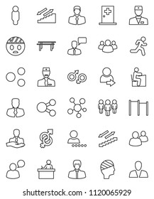 thin line vector icon set - student vector, manager, man, horizontal bar, stairways run, client, speaking, social media, group, doctor, gender sign, head bandage, medical room, share, login