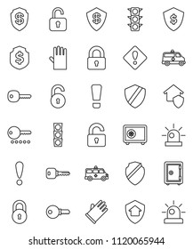 thin line vector icon set - rubber glove vector, dollar shield, safe, attention, traffic light, amkbulance car, lock, unlock, key, sign, siren, home protect, password