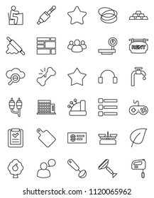 thin line vector icon set - scraper vector, ladle, rolling pin, cutting board, student, leaf, gold ingot, hoop, consolidated cargo, big scales, gamepad, speaking man, headphones, group, rca, jack