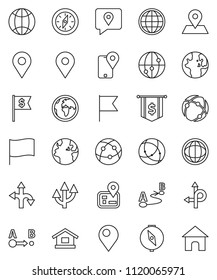 thin line vector icon set - compass vector, world, flag, dollar, route, navigator, earth, map pin, traking, internet, connection, globe, arrow, home