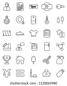 thin line vector icon set - towel vector, toilet brush, liquid soap, cereal, clipboard, award cup, scissors, molecule, japanese candle, personal information, yen sign, snickers, sports nutrition