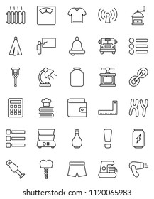 thin line vector icon set - oil vector, towel, cook press, hand mill, double boiler, cookbook, blender, jar, blackboard, corner ruler, bell, table lamp, school bus, wallet, scales, shorts, link