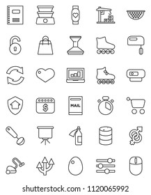 Thin Line Vector Icon Set - Vacuum Cleaner Vector, Car Fetlock, Colander, Cook Timer, Ladle, Egg, Copybook, Presentation, Laptop Graph, Dollar Calendar, Roller Skates, Heart Monitor, Oil Barrel