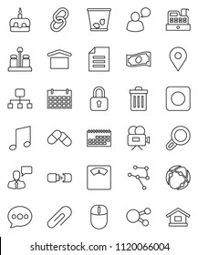 thin line vector icon set - trash bin vector, spices, cake, music, document, cash, scales, calendar, map pin, dry cargo, video camera, speaking man, social media, link, rec button, pills, connection