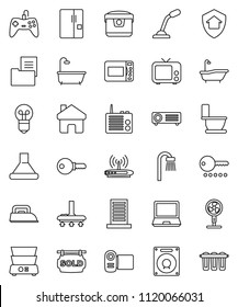 thin line vector icon set - vacuum cleaner vector, bath, toilet, double boiler, tv, home, estate document, sold signboard, fridge, building, protect, password, iron, hood, multi cooker, fan, speaker