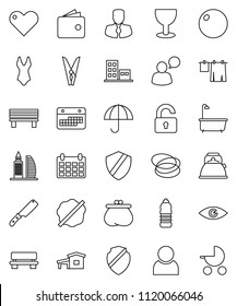 thin line vector icon set - clothespin vector, splotch, bath, drying clothes, kettle, knife, wallet, manager, calendar, fitball, swimsuite, water bottle, hoop, glass, umbrella, speaking man, heart