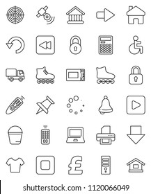 thin line vector icon set - bucket vector, microwave oven, bell, calculator, notebook pc, university, arrow down, pound, t shirt, roller Skates, target, satellitie, remote control, thumbtack, stop