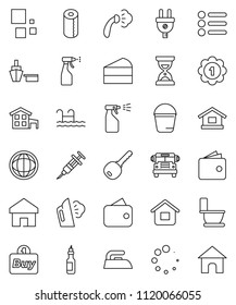 thin line vector icon set - bucket vector, iron, steaming, toilet, sprayer, paper, cake, oil, school bus, world, wallet, sand clock, medal, port, syringe, home, loading, cottage, pool, key, buy