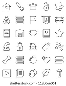 thin line vector icon set - towel vector, splotch, ladle, book, flag, leaf, money bag, dollar, pound, molecule, heart cross, bone, document, dry cargo, play button, blood drop, loading, lock, garage