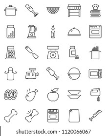 thin line vector icon set - pan vector, camping cauldron, colander, scales, apron, spatula, cutting board, grater, mixer, cookbook, blender, plates, dish, pasta, chicken leg, oil, diet, pills vial
