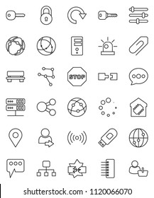 thin line vector icon set - internet vector, connection, network, disconnection, server, equalizer, hub, usb modem, share, message, bench, redo, loading, hierarchy, attachment, lock, login, key, pin