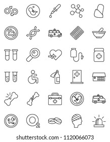 thin line vector icon set - molecule vector, oxygen, doctor bag, disabled, heart pulse, vial, gender sign, dna, magnifier, pregnancy, dropper, broken bone, pills, bottle, blister, mortar, microbs