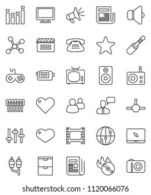 thin line vector icon set - cinema clap vector, film frame, music hit, radio, newspaper, speaker, gamepad, settings, equalizer, video camera, internet, speaking man, monitor, notebook pc, group, rca