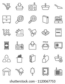 thin line vector icon set - scoop vector, washing powder, cereal, pasta, archive, binder, safe, cargo, no trolley, warehouse, package, search, radio, mailbox, cashbox, basket