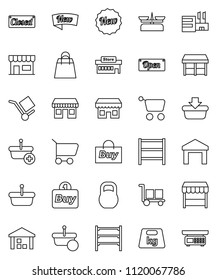thin line vector icon set - office vector, cargo, warehouse, weight, shelving, new, open, closed, shopping bag, market, store, mall, buy, basket, cart, scales