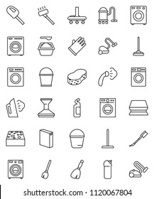 thin line vector icon set - broom vector, vacuum cleaner, mop, bucket, sponge, car fetlock, steaming, washer, washing powder, cleaning agent, rubber glove
